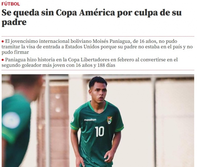 因没有父母的完全授权，玻利维亚16岁国脚无法办签证将错过美洲杯