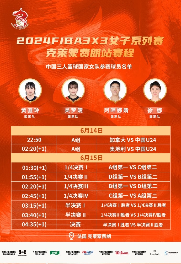 FIBA3x3女子系列赛克莱蒙费朗站参赛名单：黄雅玲、阿呷娜婧在列