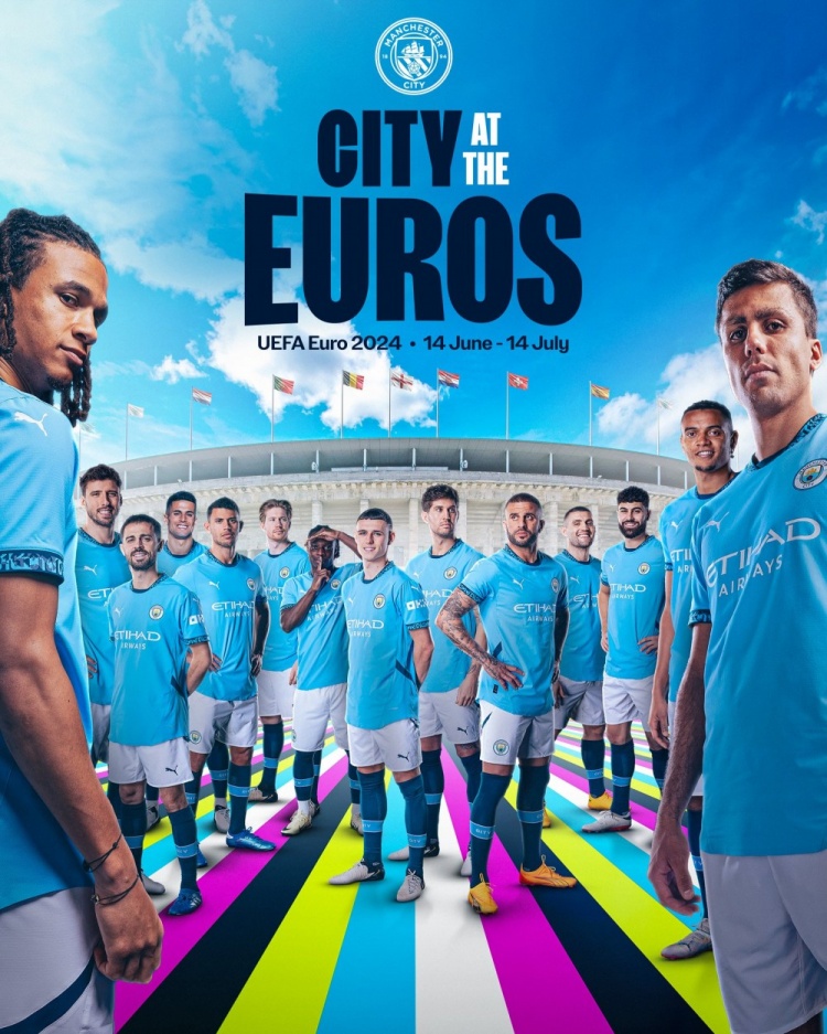 14人参赛！曼城官方晒欧洲杯海报，祝球员们好运
