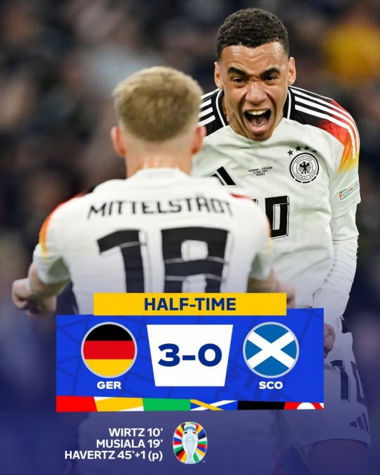 半场-维尔茨斩本届欧洲杯首球穆西亚拉哈弗茨破门 德国3-0苏格兰