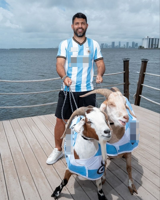 安妞点赞！阿圭罗牵着两只穿阿根廷球衣的羊+问：这两只羊是谁？